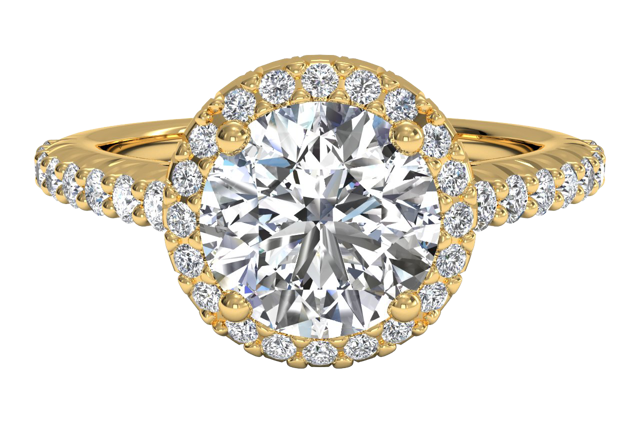 yellow gold halo engagement ring with a round-cut diamond center stone