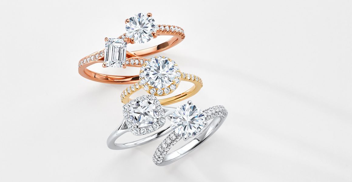 yellow gold, white gold, and rose gold engagement rings