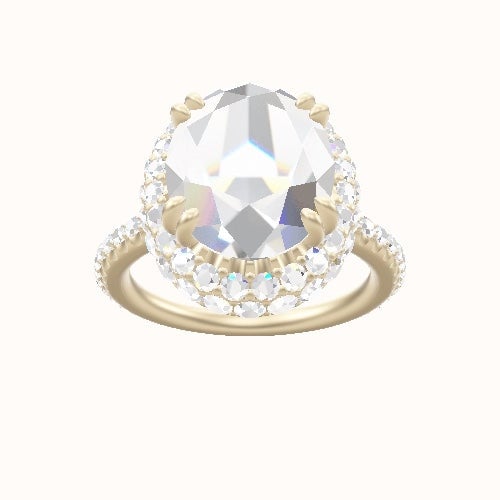 3/4 Pave Engagement Ring With Double Prong Waterfall Halo Head and Matching Band