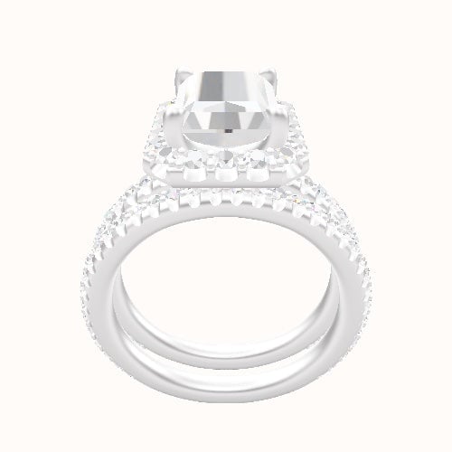 3/4 Pave Engagement Ring With Halo Head and Matching Band