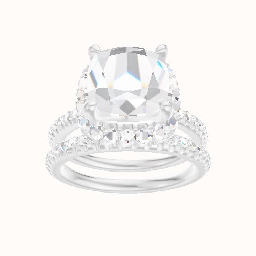 3/4 Pave Engagement Ring With Halo Head and Matching Band