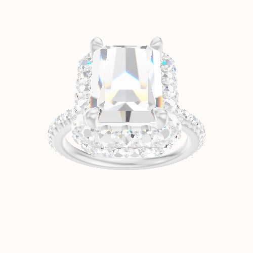 3/4 Pave Engagement Ring With Low Set Waterfall Halo Head and Matching Band