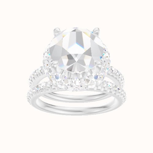 3/4 Pave Engagement Ring With Low Set Waterfall Halo Head and Matching Band