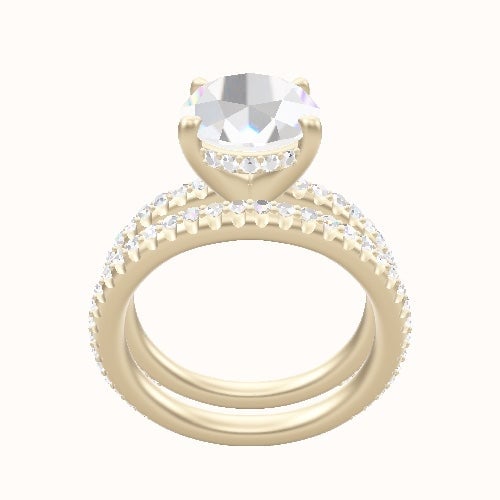 3/4 Pave Engagement Ring With V Prong with Hidden Halo Head and Matching Band