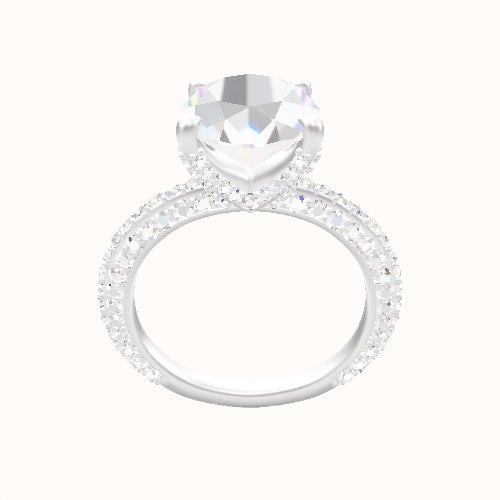 3/4 Three Row Pave Engagement Ring With Double Pave V Prong Head