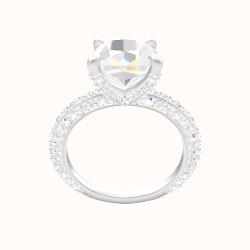 3/4 Three Row Pave Engagement Ring With Double Pave V Prong Head