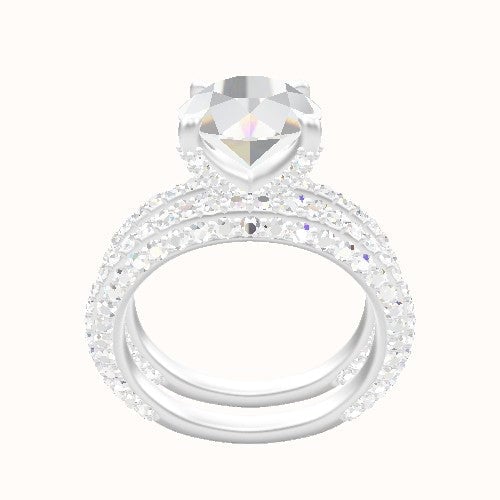 3/4 Three Row Pave Engagement Ring With Double Pave V Prong Head and Matching Band