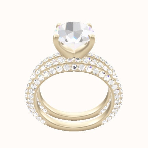 3/4 Three Row Pave Engagement Ring With Four Prong Head and Matching Band