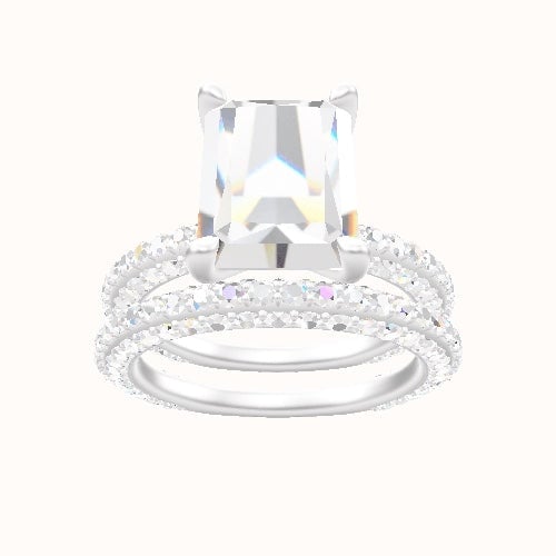 3/4 Three Row Pave Engagement Ring With Four Prong Head and Matching Band