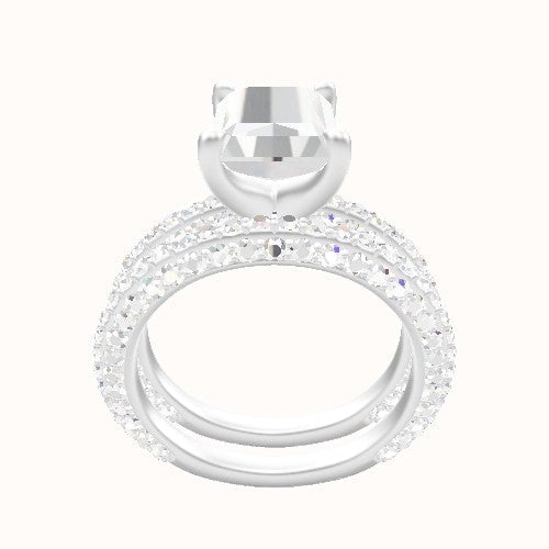 3/4 Three Row Pave Engagement Ring With Four Prong Head and Matching Band