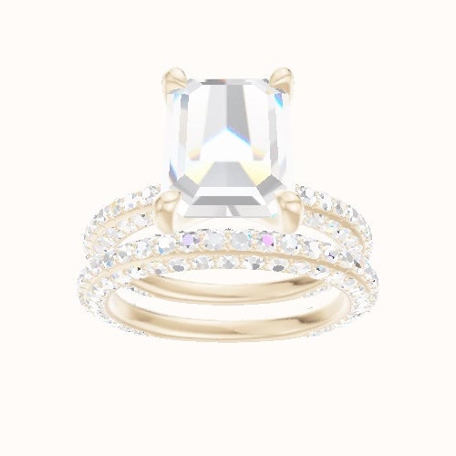 3/4 Three Row Pave Engagement Ring With Four Prong Head and Matching Band