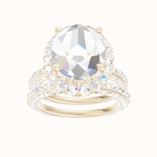 3/4 Three Row Pave Engagement Ring With Halo Head and Matching Band