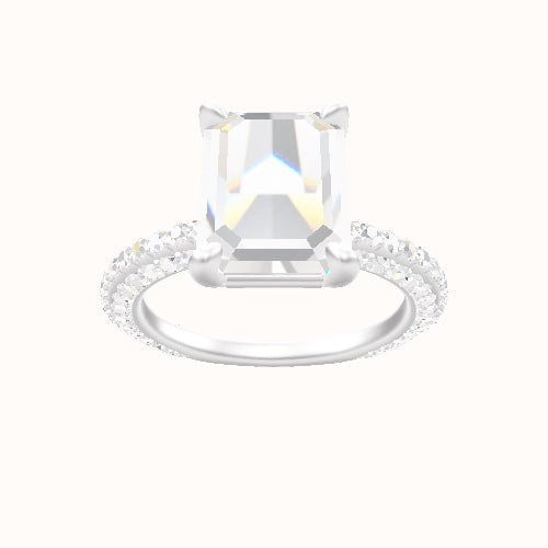 3/4 Three Row Pave Engagement Ring With Low Set Four Prong Head and Matching Band