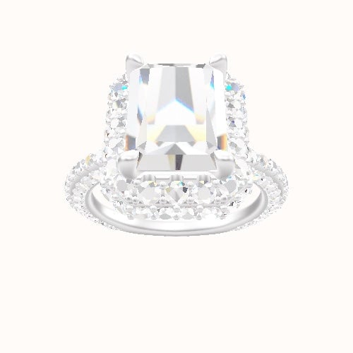3/4 Three Row Pave Engagement Ring With Low Set Waterfall Halo Head