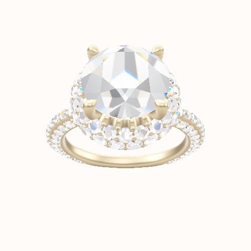 3/4 Three Row Pave Engagement Ring With Low Set Waterfall Halo Head