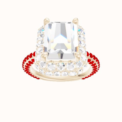 3/4 Three Row Pave Engagement Ring With Low Set Waterfall Halo Head and Matching Band