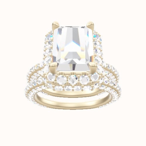 3/4 Three Row Pave Engagement Ring With Low Set Waterfall Halo Head and Matching Band