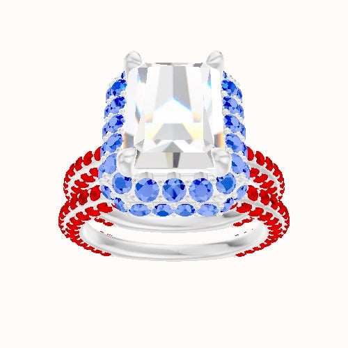 3/4 Three Row Pave Engagement Ring With Low Set Waterfall Halo Head and Matching Band
