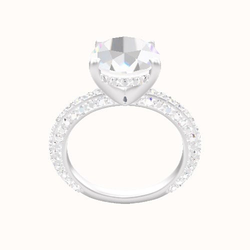 3/4 Three Row Pave Engagement Ring With V Prong with Hidden Halo Head