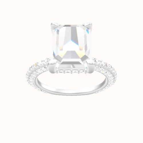 3/4 Three Row Pave Engagement Ring With V Prong with Hidden Halo Head
