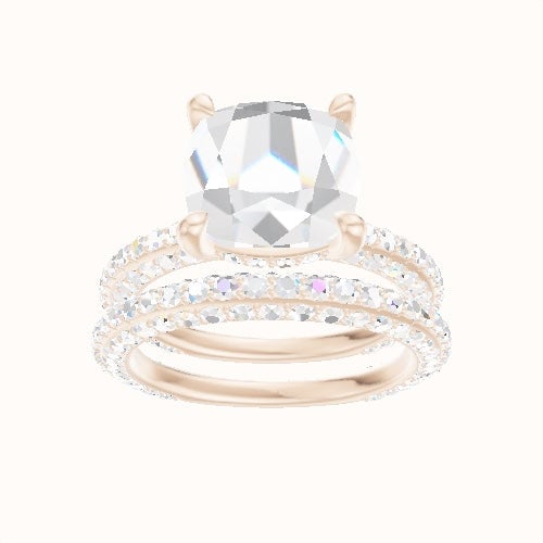 3/4 Three Row Pave Engagement Ring With V Prong with Hidden Halo Head and Matching Band