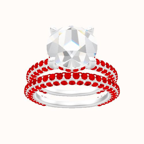 3/4 Three Row Pave Engagement Ring With V Prong with Hidden Halo Head and Matching Band