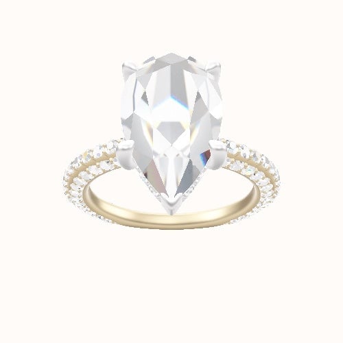 3/4 Three Row Pave Engagement Ring With V Prong with Hidden Halo Head and Matching Band