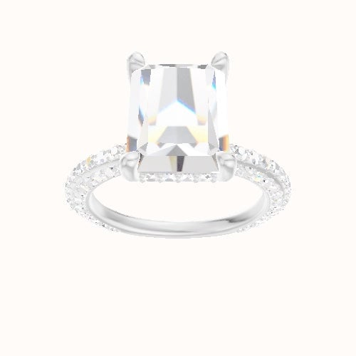 3/4 Three Row Pave Engagement Ring With V Prong with Hidden Halo Head and Matching Band