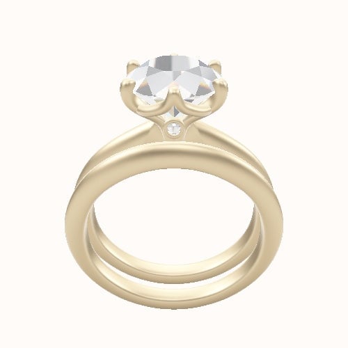 Beveled Solitaire Engagement Ring With Crown Six Prong w. accent Diamond Head and Matching Band