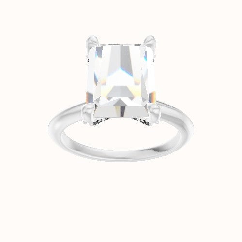 Beveled Solitaire Engagement Ring With Double Pave V Prong Head and Matching Band