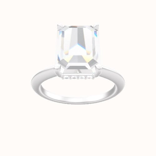 Beveled Solitaire Engagement Ring With Low Set Pave  Hidden Halo Head and Matching Band