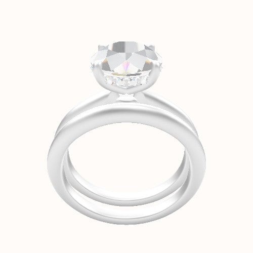 Beveled Solitaire Engagement Ring With Low Set Pave  Hidden Halo Head and Matching Band