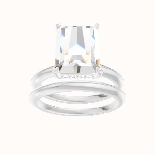 Beveled Solitaire Engagement Ring With Low Set Pave  Hidden Halo Head and Matching Band
