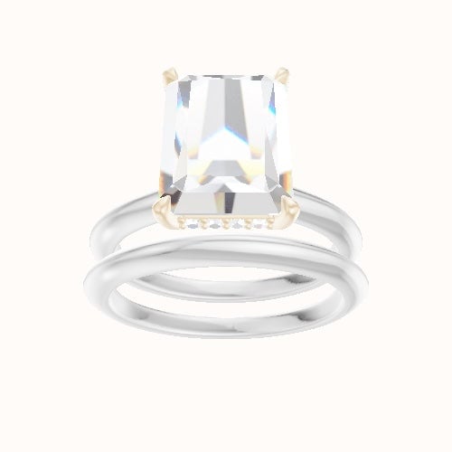 Beveled Solitaire Engagement Ring With Low Set Pave  Hidden Halo Head and Matching Band