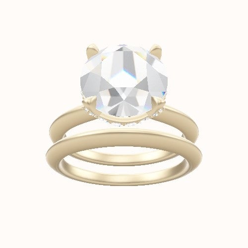 Beveled Solitaire Engagement Ring With Pave Basket Head and Matching Band