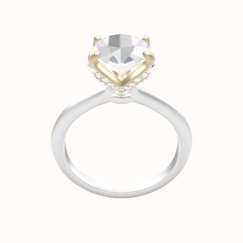 Beveled Solitaire Engagement Ring With Pave Petal Four Prong Head