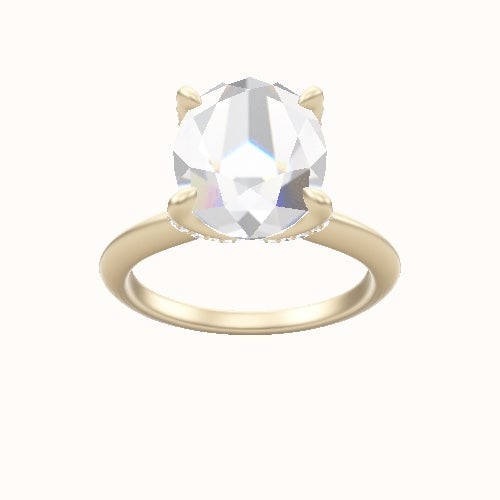 Beveled Solitaire Engagement Ring With Pave Petal Four Prong Head and Matching Band