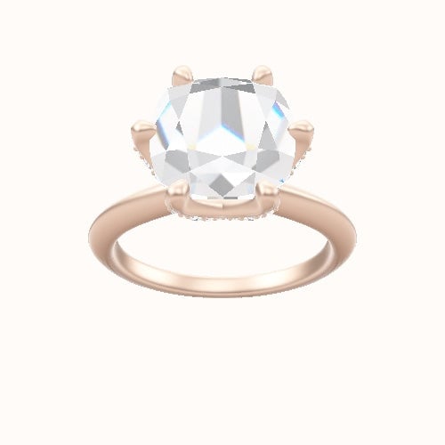 Beveled Solitaire Engagement Ring With Pave Petal Six Prong Head