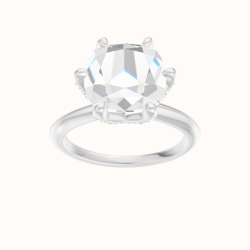 Beveled Solitaire Engagement Ring With Pave Petal Six Prong Head