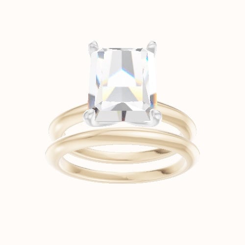 Beveled Solitaire Engagement Ring With Petal Four Prong Head and Matching Band