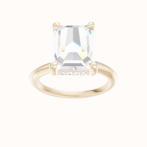 Beveled Solitaire Engagement Ring With V Prong with Hidden Halo Head