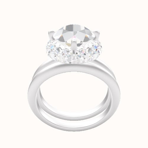 Beveled Solitaire Engagement Ring With Waterfall Halo Head and Matching Band