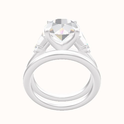 Cathedral Band Trapezoid & Round Sidestones Engagement Ring With Four Prong Head and Matching Band