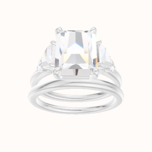 Cathedral Band Trapezoid & Round Sidestones Engagement Ring With Low Set Four Prong Head and Matching Band