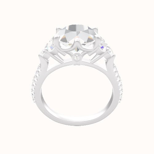 Cathedral Band with Baguette Sidestones Engagement Ring With Crown Six Prong w. accent Diamond Head