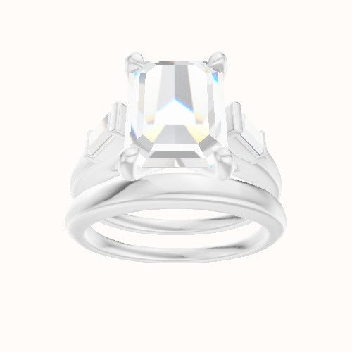 Cathedral Band with Baguette Sidestones Engagement Ring With Four Prong Head and Matching Band