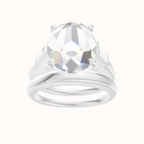 Cathedral Band with Baguette Sidestones Engagement Ring With Four Prong Head and Matching Band