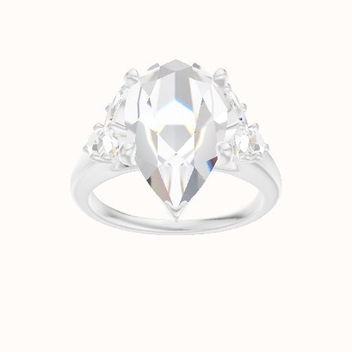 Cathedral Band with Marquise & Round Diamond Sidestones Engagement Ring With Crown Four Prong w. Surprise Diamond Head and Matching Band