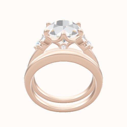 Cathedral Band with Marquise & Round Diamond Sidestones Engagement Ring With Crown Six Prong w. accent Diamond Head and Matching Band