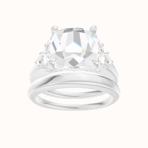 Cathedral Band with Marquise & Round Diamond Sidestones Engagement Ring With Pave V Prong Head and Matching Band